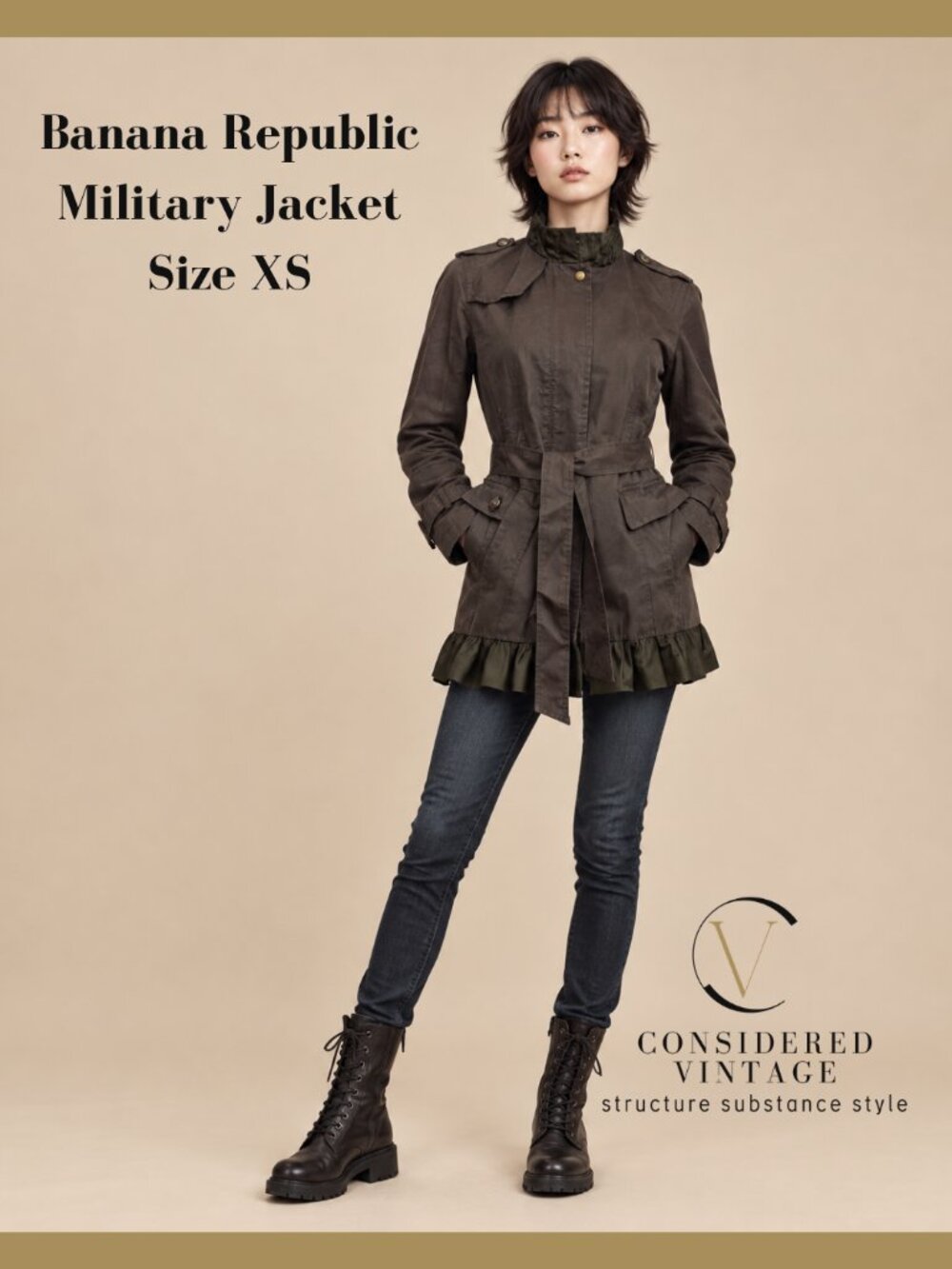 Banana Republic Belted Ruffle Hem Military Utility Jacket - Olive Green